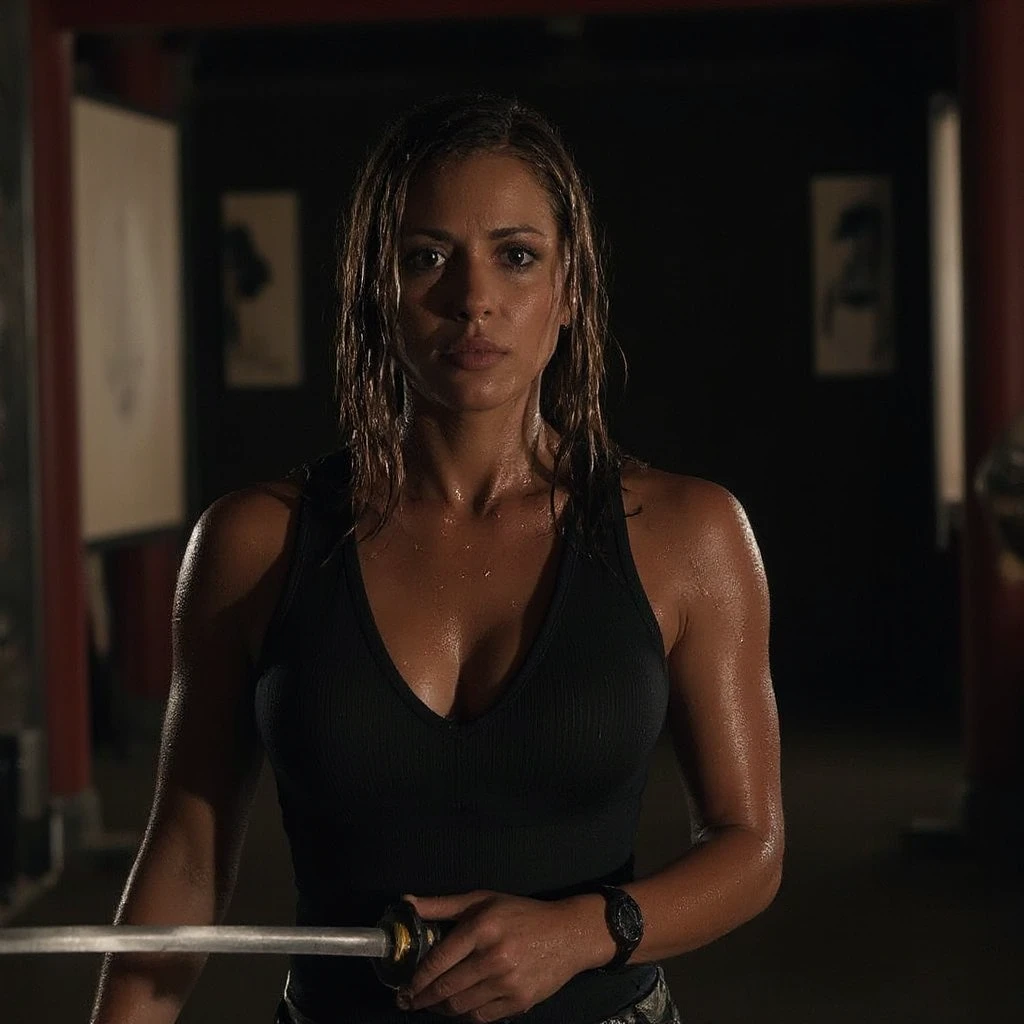 (dutch angle:1.6), (cowboy shot:1.4), (Short brunette hair), (beautiful female), ((Jennifer Garner:1.4),(Emma Stone:.8), (blood on face from head wound:1.4),  ((Dynamic pose, leaning on wall for support)), trying desperately to  escape,  in a chilling scene from a reimagined "Hostel" film, (intense eroticism:1.7) intertwined with horror, smeared with dirt and (blood), (tattered tank top:1.8), (black panties), trapped in a dark, menacing basement, chiaroscuro lighting illuminating her fear-stricken face, a ([macabre] yet seductive:1.4) atmosphere, echoes of Caravaggio's dramatic intensity, raw, sadistic peril around every corner.