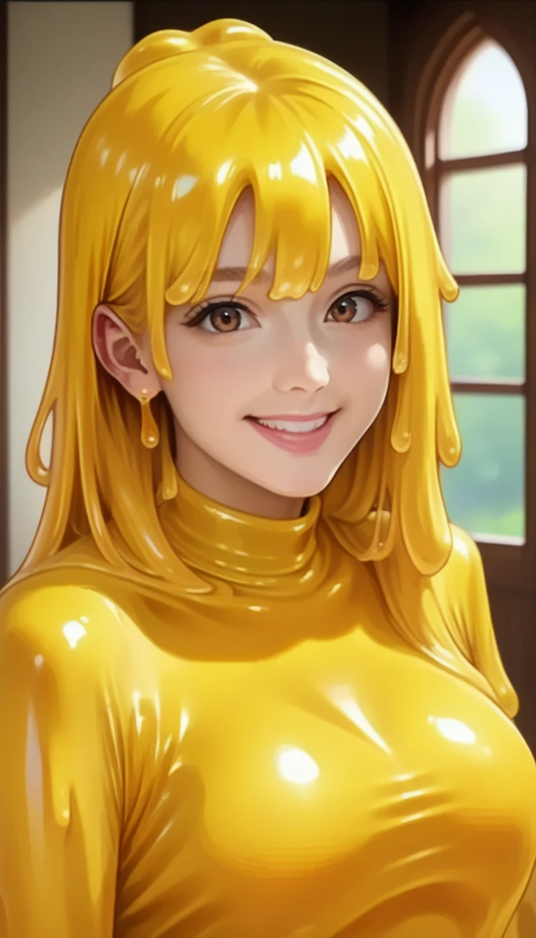 Long Golden hair woman, leaning forwards, big breast, wet pussy, lewd face, opening mouth smiling and sticking out tongue, looking up, blushes cheeks, Shiny Golden latex slider suit with hidden skin, Shiny Golden latex gloves, Shiny Golden latex leggings, small Shiny Golden latex slime tentacles on edge of chin, Shiny Golden slime dripping.