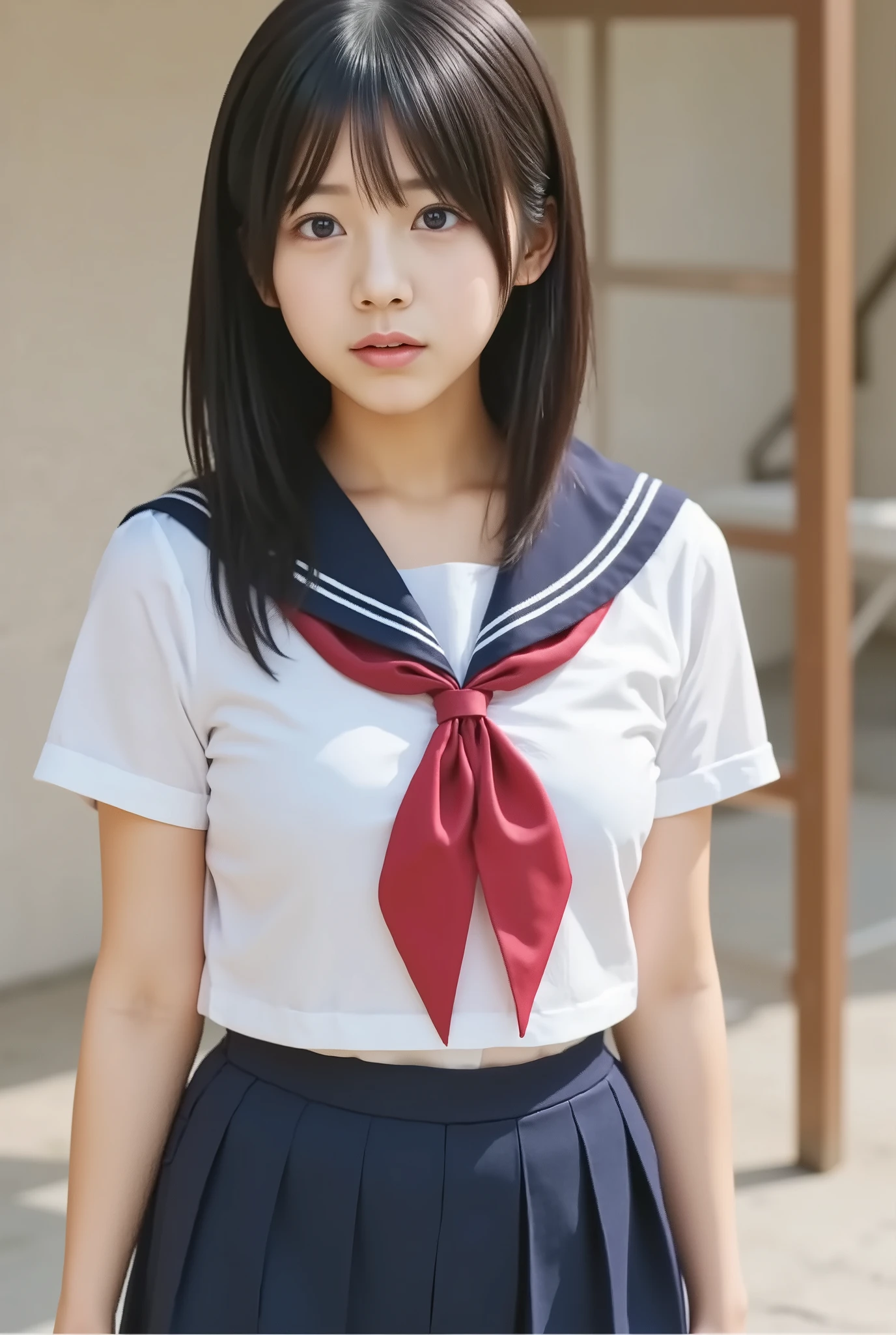 (best quality, masterpiece:1.2), ultra detailed, (photo realistic:1.4),
High resolution 16k, Use natural light and color, (Japanese high school girl:1.2), insanely detailed, 1girl, small ,Full Body、
(Slender body),(Flat chest), big eyes, black hair,(Short sleeve sailor school uniform, navy blue pleated skirt)、beautiful girl、cute, cuteface, , black hair、medium hair, (A basement made of stone walls and stone floors),
