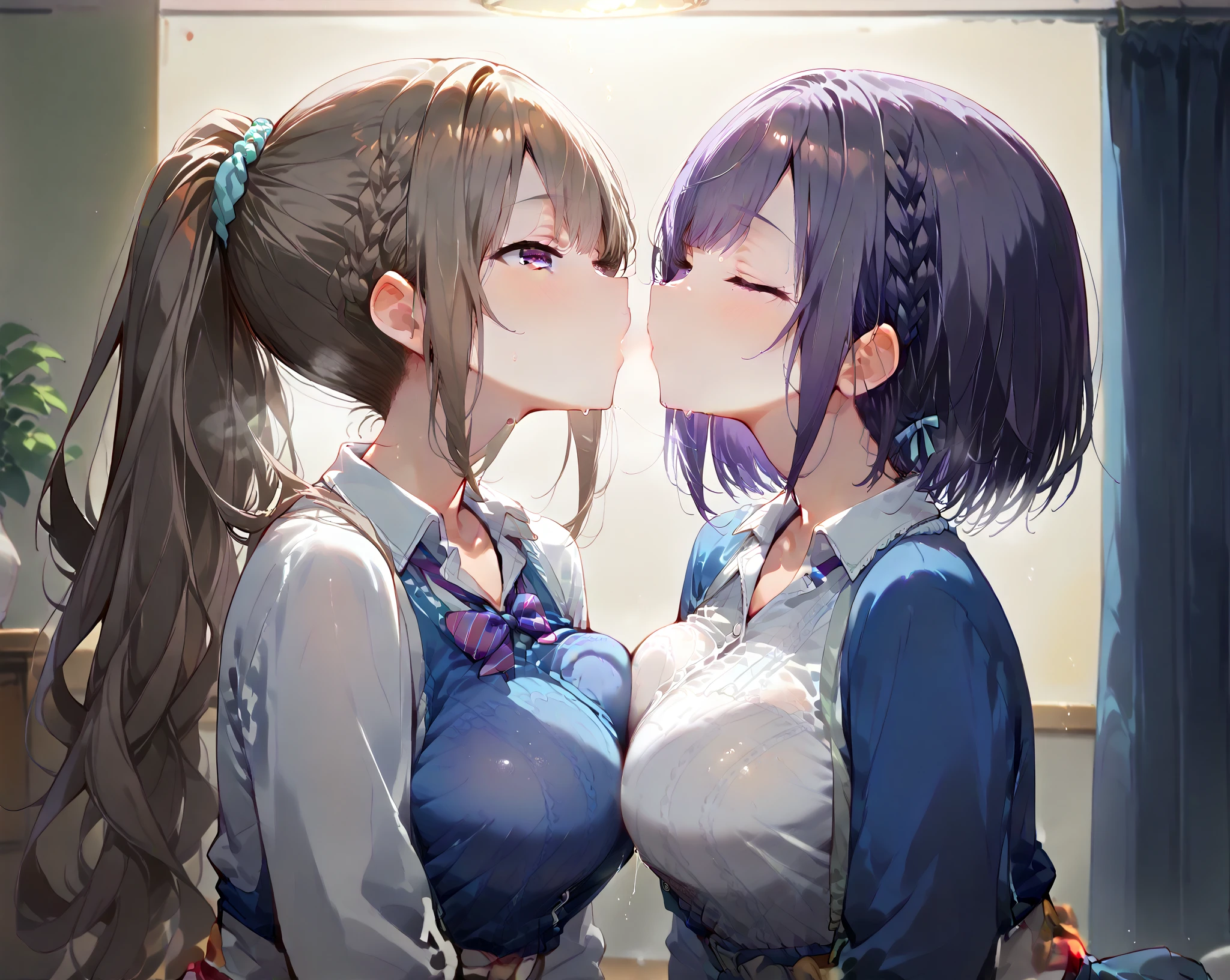 (twinsies:1.4), (Camisole:1.21),(2 girls:1.4),(Two Women:1.3),(Two Little Girls:1.2)Yuri,lesbian,、(saliva:1.2)、A dark-haired、Deep kissing、(the kiss:1.3)、Adored expression、(Beautiful breasts:1.2)、exchange of saliva、Saliva pulls the string、Guchogucho、covered with saliva、younggirl、Elementary school girls、Lori、Kissing Scene、kiss、(Beautiful nipples:1.2)