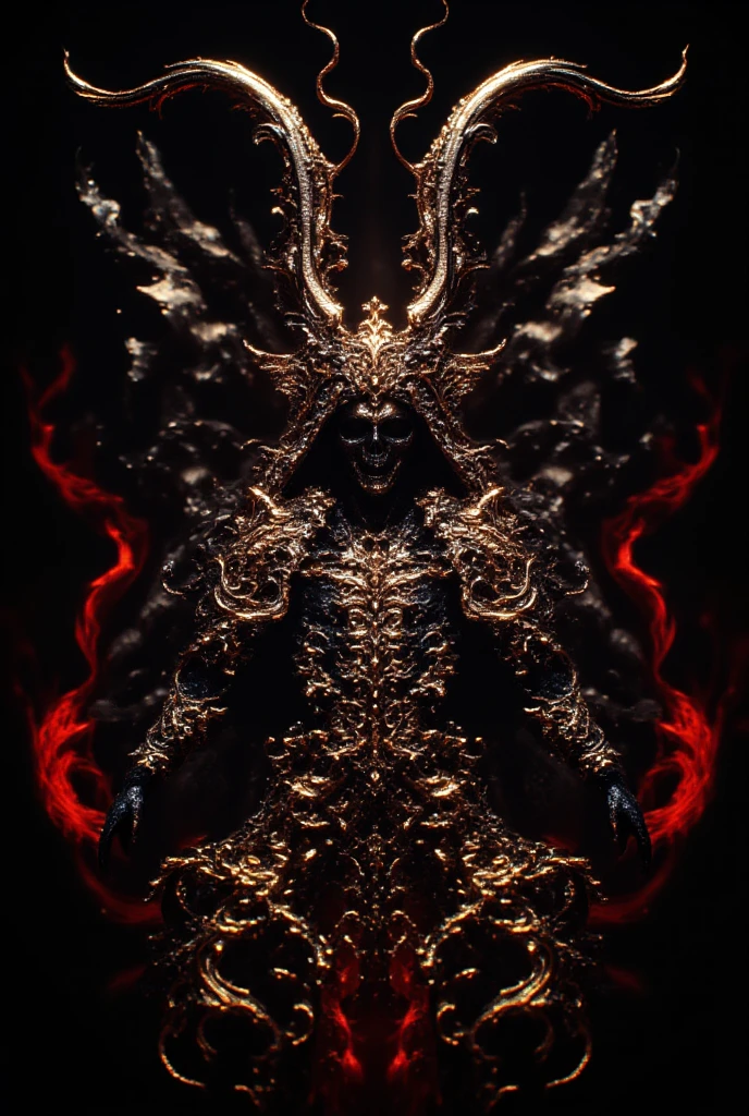 a demon guy sits in a chair, a crown on his head, flames around