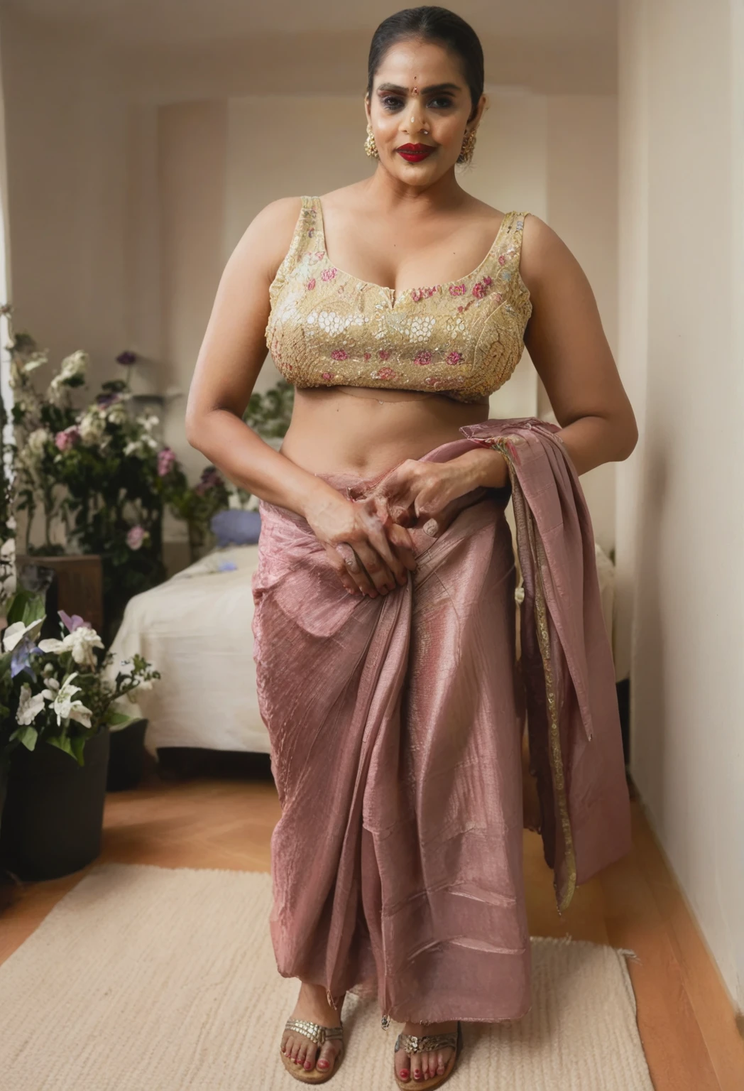 /imagine indian woman’s wears a Indian cotton silk saree, navel, bold, off shoulder sequin blouse, d cup,v neck, seeking attention if viewers, messy bun hairstyle, in a bed room with honeymoon vibs