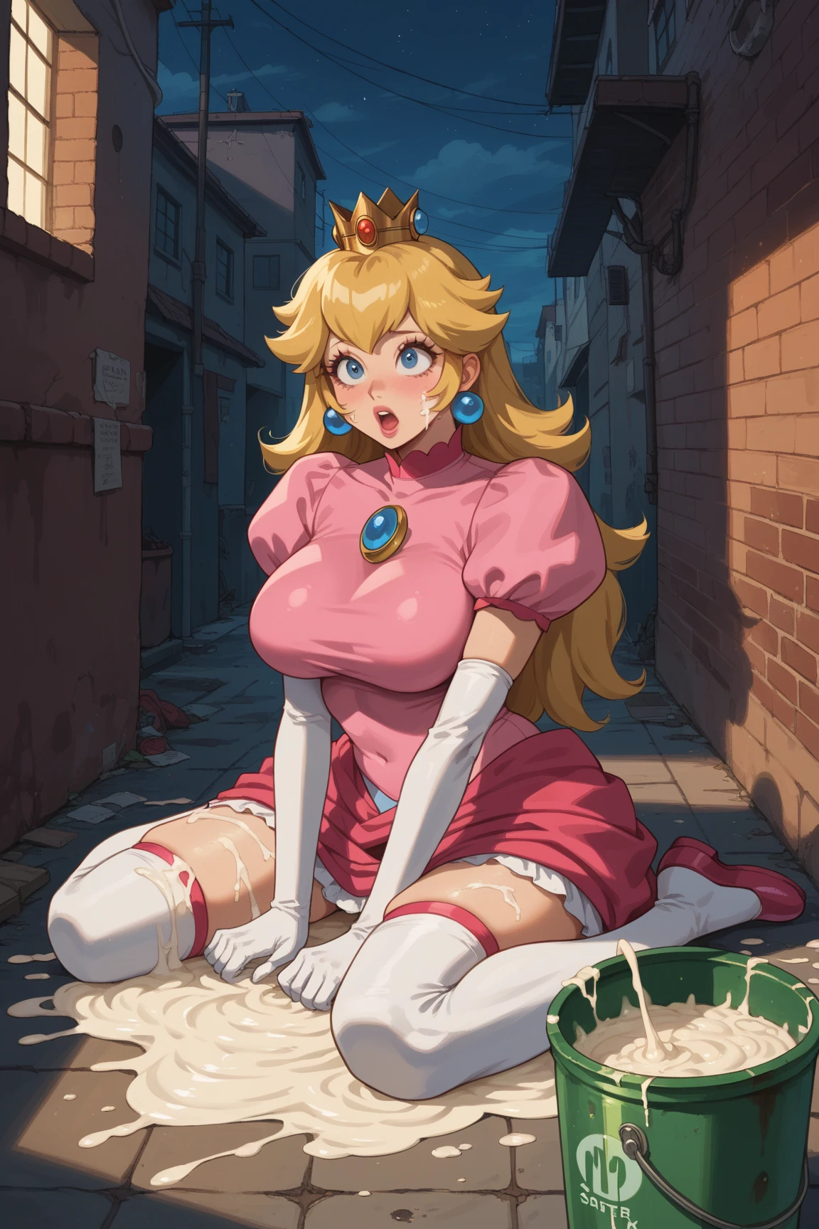 punctuation_9, punctuation_8_High above, punctuation_7_High above,punctuation_6_High above, punctuation_5_High above, punctuation_4_High above , breasts big, 1 girl princess peach, standing alone, hollow, hollow,smoke,cigar,Cigar in hand,smoke,makeHigh above, hair blonde, bangss, side locks, thick eyebrows, hair between the eyes, makeHigh above, Transparent robe, collant branco, transparentes, white choker, thigh boots, separate breasts, sitting down,cross legs, pub \(place\), neon lights, light particles, bothered, half-closed eyes, dim_Lighting,