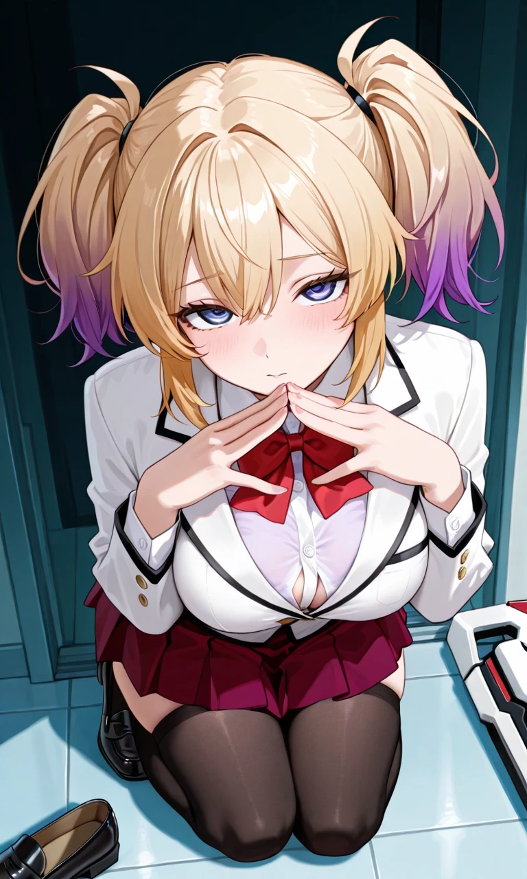 1 female,Browsing Caution, ((Stand up and salute)), kitagawa marin, 1girl, blonde hair, long hair, multicolored hair, red eyes, jewelry, earrings, piercing, , white shirt, tied shirt, black choker, blue necktie, plaid skirt, (Red eyes),clavicle,Absurd, ((Big Tits 1.8)),((hypnotism,Mind control,smile)), ((Eyes Wide Open)),(The pupils constrict,Glowing purple eyes,Hollow Eyes),(indoor,Nightclub),Full body image, brainwashing,Hollow Eyes), (highest quality、4K、8k、High resolution、Must have:1.2)、Very detailed、(reality、reality、reality:1.37)、Ticker、Hyper HD、Studio Lighting、Ultra-precise Paint、Sharp focus、Physically Based Rendering、Very detailed、Professional specifications、Vibrancy and color、Blurred、Sports portrait、landscape、Horror Style、Anime Big 、sf、photograph、Concept Artist、Five Fingers, Perfect body, {{{masterpiece}}}, {{{highest quality}}}, {{Very detailed}}, {shape}, {{Very delicate and beautiful}},Improved cost performance、All Roles、Canon 5D MK4でphotograph、photograph,