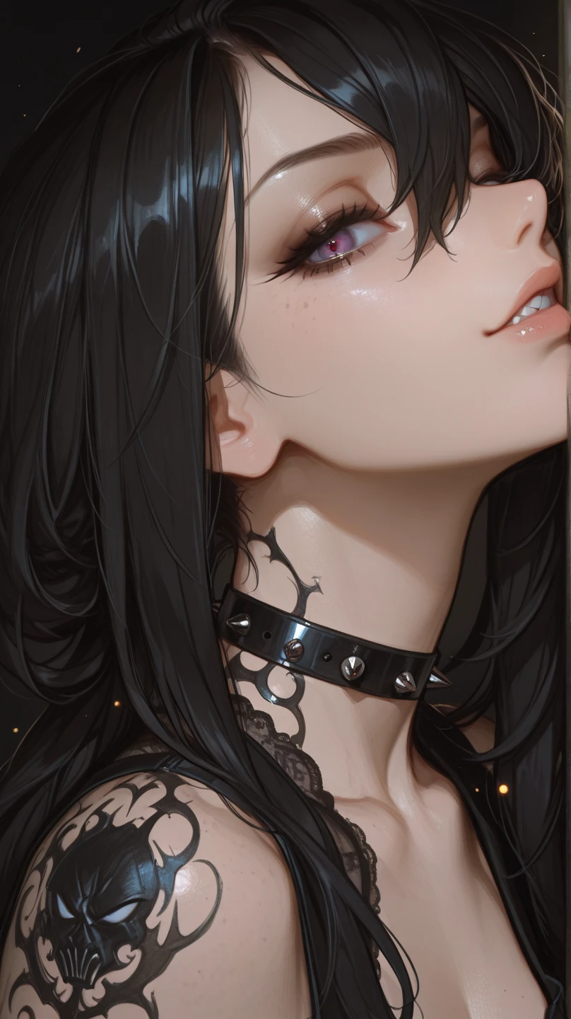 best quality, 4k, 8k, highres, masterpiece:1.2, ultra-detailed, close-up portrait, (sharp focus:1.4), Estelle Mullins gazing directly at the viewer, head slightly tilted, soft glow from magical tattoos on neck and collarbone, eyes intense and full of purpose, (very long black hair cascading around her shoulders), delicate strands over one eye, faint smirk or focused expression, (punk accessories: choker, spiked collar, black lace), ambient arcane glow from behind, subtle magical particles floating near her face, lollipop held at her lips, deep shadowed lighting with warm and cool tone contrast, evocative of femme fatale and sorceress power, high realism mixed with stylized detail, Greg Rutkowski and Antonio Moro influences, cinematic energy, Marvel-style portraiture