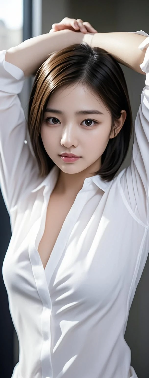 Woman with beautiful face、Faces close、Shirt with white collar、bending forward、Wet and shiny skin、Photorealsitic、Outstanding smile、(in 8K) ,Detailed skin、Detailed hair strands、 ​master piece, (No retouching, Lip gloss, False eyelashes, Real Skin, of the highest quality, 超A high resolution, depth of fields, chromatic abberation, Caustics, Wide Lighting, Natural Shading))Korean Idols、Live action、Sauce order、Japanese Models, Shot with Canon EOA 6 D Mark II, taken with canon eos 5 d mark iv, Young Gravure Idol,