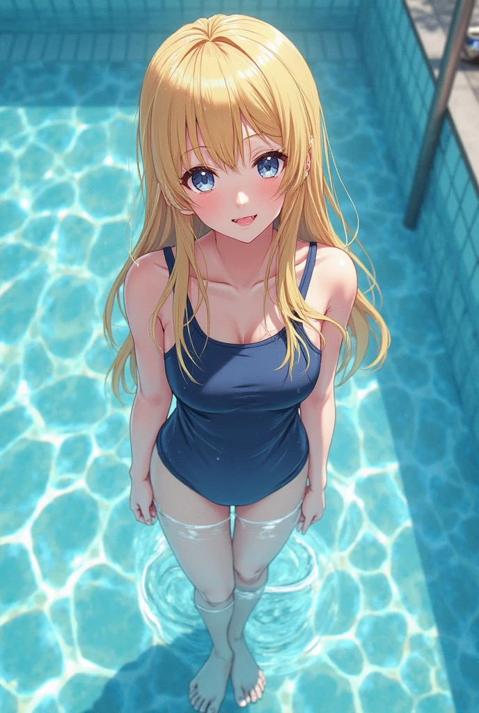 bright expression、photorealisim、top-quality、超A high resolution、a picture、Exquisitely beautiful Nordic girl photo、Detailed cute and beautiful face、(pureerosface_v1:0.008)、Beautiful bangs、alice in the wonderland、14years、Glowing white shiny skin、facial hairs、Bangs that extend to the face、bangss、Hair between the eyes、Super long hair、Attractive bright natural blonde super long straight silky hair、finer hair、Attractive glowing beautiful bright clear light blue big eyes、School swim wear、eye liner、Double eyelids、ample breasts、school swimming pool、in poolside、