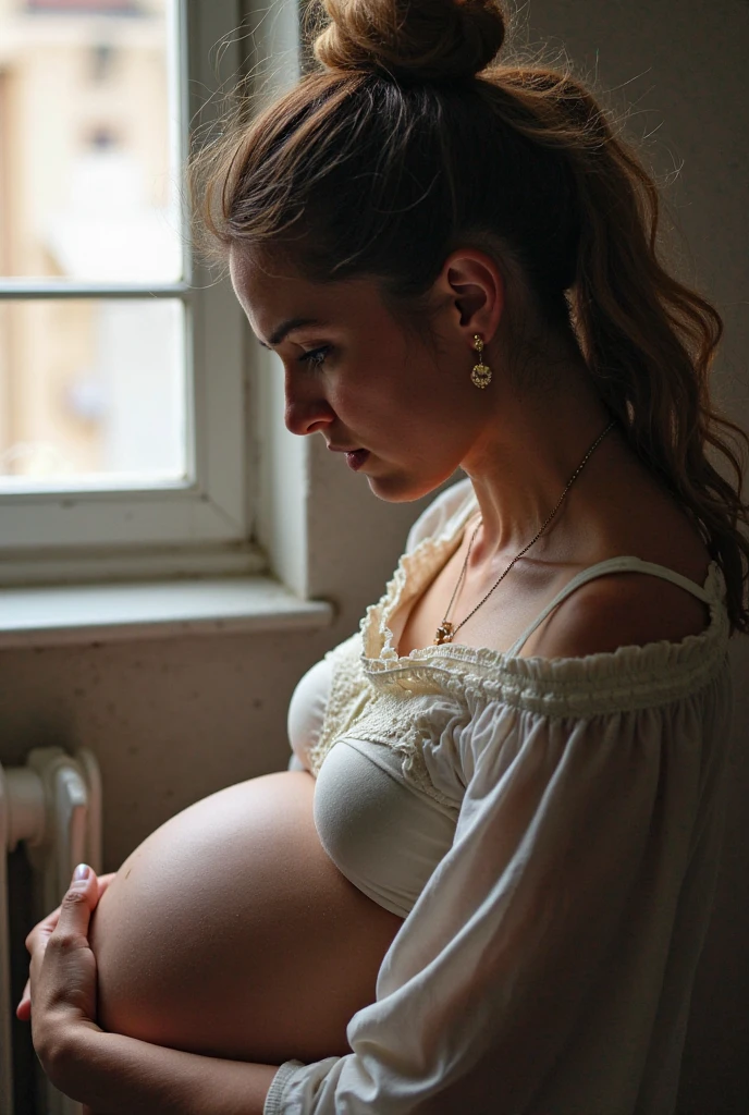 ((best qualityer)) ((detailded)) pregnant woman with health problems, downcast facial expression and worried look, with old looking clothes