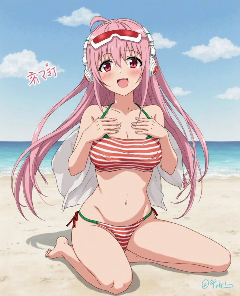 hitori gotou, blue eyes, cube hair ornament, hair between eyes, hair ornament, pink hair, one side up, long hair,((pink bikini)),blush,heavy breathing,steam, sweating, bellybuttom,on beach,((Cover chest with hand)),side breasts,((Shaded face)),from below,pov,looking down,pink Athletic Jacket,jacket half off shoulder