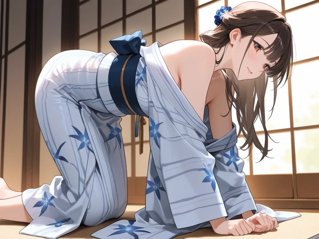 1girl, grass wonder \(umamusume\), solo, yukata, tatami, highly detailed, sitting, huge ass, night, indoor, from back, looking back, looking at viewer, cinematic angle, best quality, masterpiece, small breasts,  nsfw