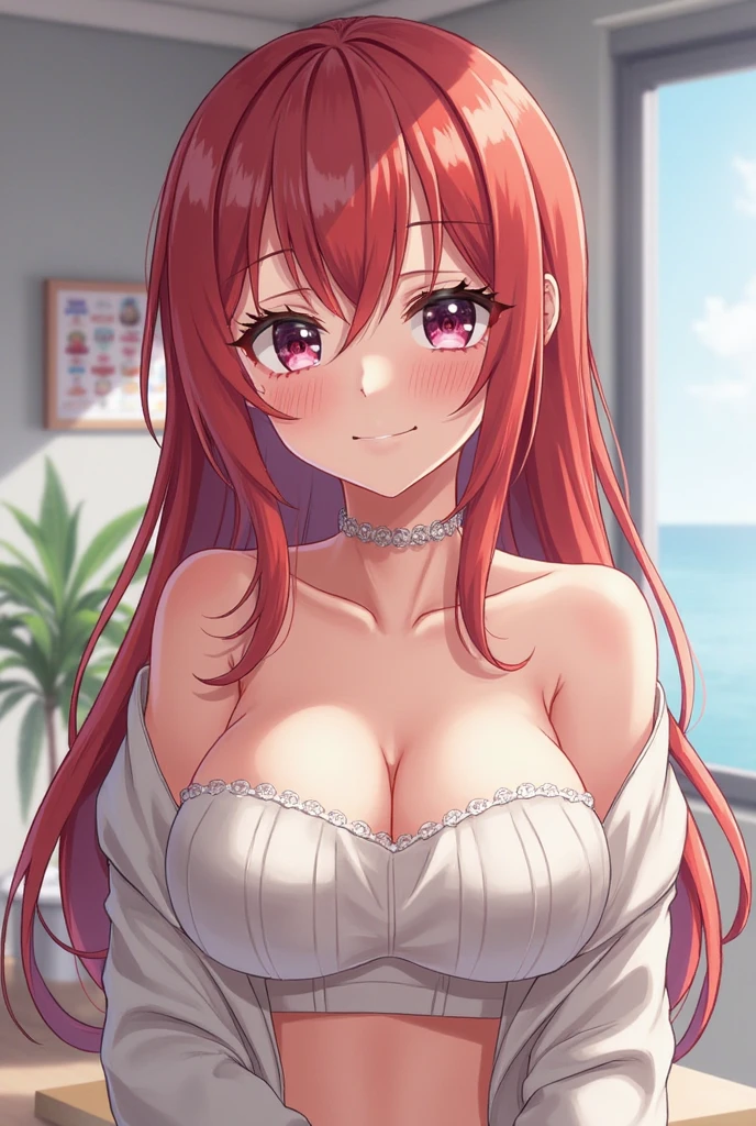 masterpiece, best quality, movie still, 1girl solo, female focus, looking at viewer, smiling, upper body, depth of field, (watercolor illustration, soft pastel colors:1.1), realistic, red hair, white eyes, naked, perky breasts