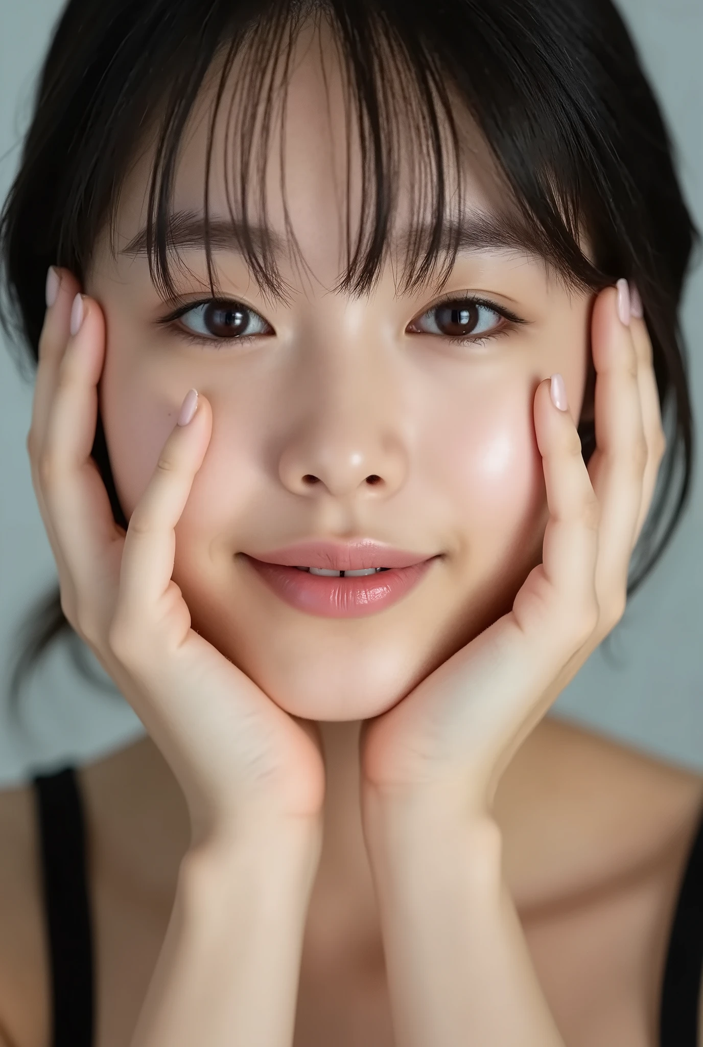 extreme close-up portrait, beautiful girl with her love-struck, radiant face filling the entire frame (95% face ratio), gently placing both open hands on her flushed cheeks with soft fingers, soft black camisole, white blurred background, eyes dreamy and half-lidded, deeply adoring gaze fixed straight at the viewer, irises ultra-detailed with intricate rainbow reflections and glowing catchlights, moist and sparkling eyes as if about to tear up from overwhelming joy, soft melting smile revealing slightly parted lips and upper teeth, skin with visible soft pores, realistic skin texture with warm lighting and subtle shadows, delicate eyelashes, glossy lips with natural highlights, cheeks glowing with deep blush, cinematic soft lighting, lifelike expression full of romantic euphoria, overflowing with happiness, warmth, and pure affection, subtly tilting her head as if whispering a name in total bliss, ultra photorealistic, masterpiece, 8K, hyperreal detail, skin pores, detailed iris texture, cinematic mood
