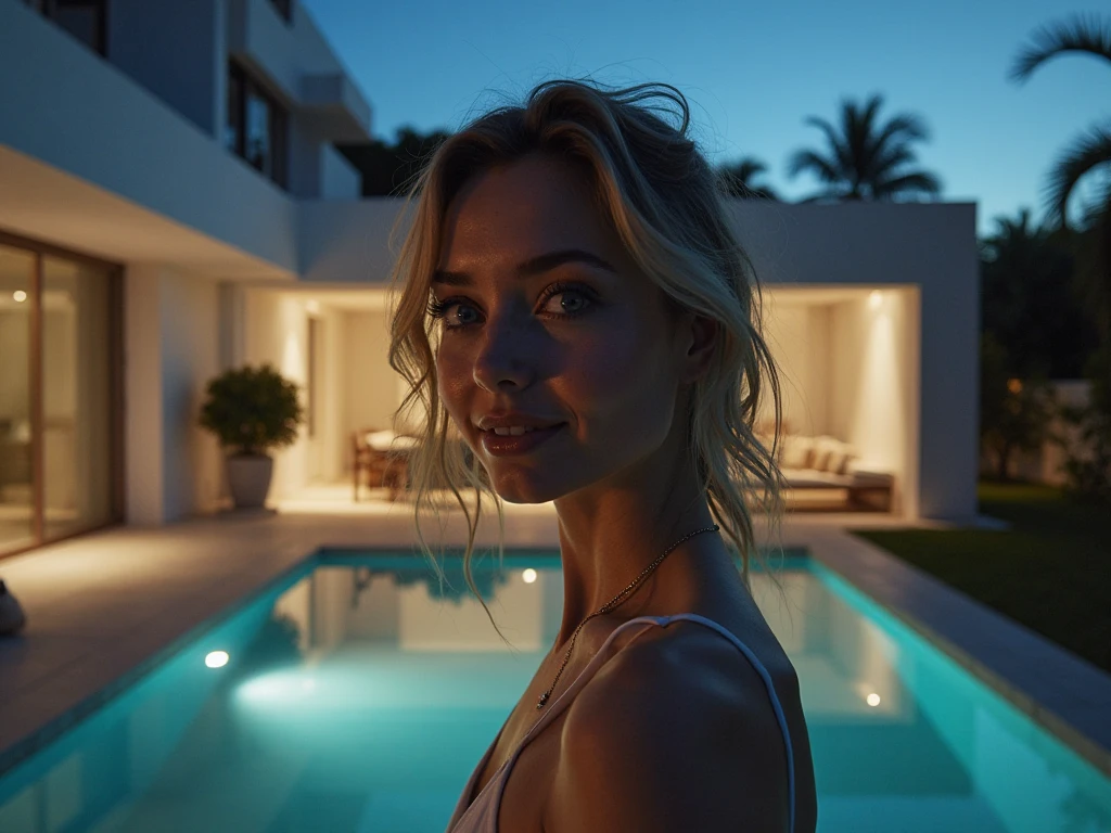 Une maison moderne minimaListe en dubLex bLanc, Outside, Wood material, glass, concrete, L&#39;eau dans La piscine, avec piscine dans La cour, nuit, photographie originaLe, (((Très beau portrait))), (Très beau portrait))), 1 fiLLe faisant une pose natureLLe, fait du yoga, ((Cheveux courts bLond natureL)), [Brown eyes],Regarder La caméra avec un doux sourire(décoLLeté), ((head of&#39;artwork, MeiLLeure quaLité, uLtra détaiLLé, écLairage de cinéma, détaiLs compLexes, HD, 8k, très détaiLLé)), contexte détaiLLé, 8K  UHD, AppareiL photo refLex numérique, écLairage doux, Haute quaLité, grain de fiLm, FUJIXT3, FaibLe profondeur de champ, Lumière natureLLe, visage parfait
