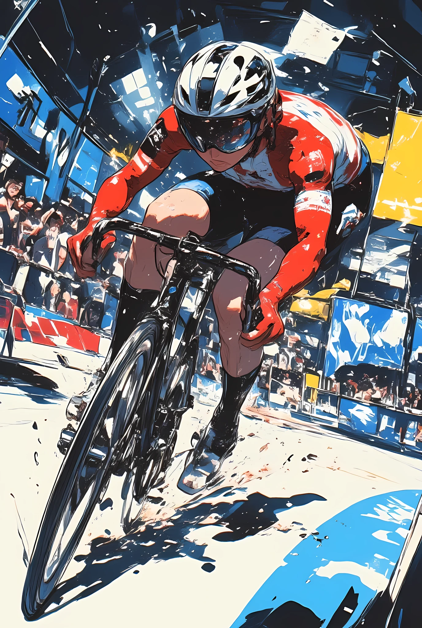 a heroic keirin cyclist in full racing gear speeding around a curved velodrome track, his body leaning forward with intense focus,
he wears a tight anime-style racing suit with Japanese team colors and a futuristic helmet with a tinted visor,
his powerful legs blur with motion as the bike tilts into the turn, sparks flying from the wheels,
illustrated in dynamic anime illustration style with bold outlines, motion lines, and speed effects,
background filled with dramatic lighting, cheering crowd silhouettes, and colorful banners fluttering,
high energy, stylized action pose, inspirational and intense atmosphere,Ink freehand brushwork style