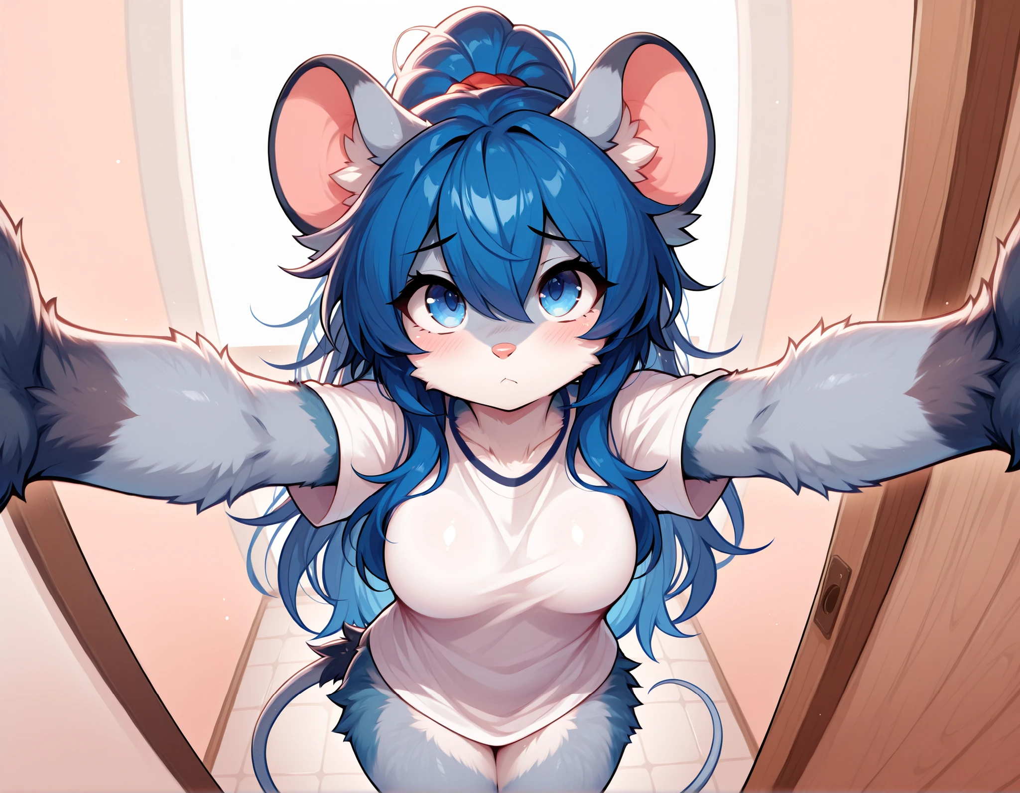 (Masterpiece) (High Detail) (High Res) A view from above A very short petite anthro mouse Furry Female with navy-blue Fluffy Fur across her whole body and long navy-blue hair in a ponytail and bright navy-blue eyes and navy-blue fluffy mouse ears and medium breasts and a long fluffy navy-blue mouse tail and wide hips and thick thighs. Long navy-blue hair. All navy-blue fur. Long Hair. She is wearing an oversized baggy t-shirt and is stood in a bedroom. She is making grabby hands up at the viewer. She is pouting and looks shy. Open arms. Asking for a hug. She is looking up with her arms open.
