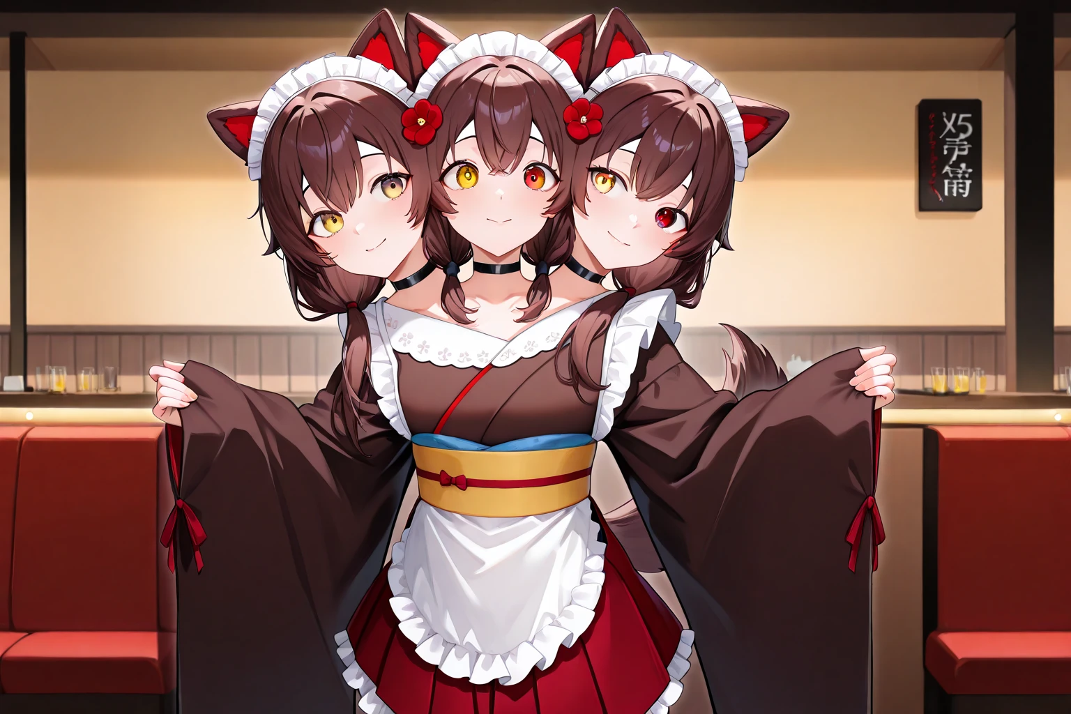 one girl。Cute s。Brown hair, brown raccoon ears。brown short cut, A slight smil。see the beholder。Japan priestess costume。claw pose,sleepy,