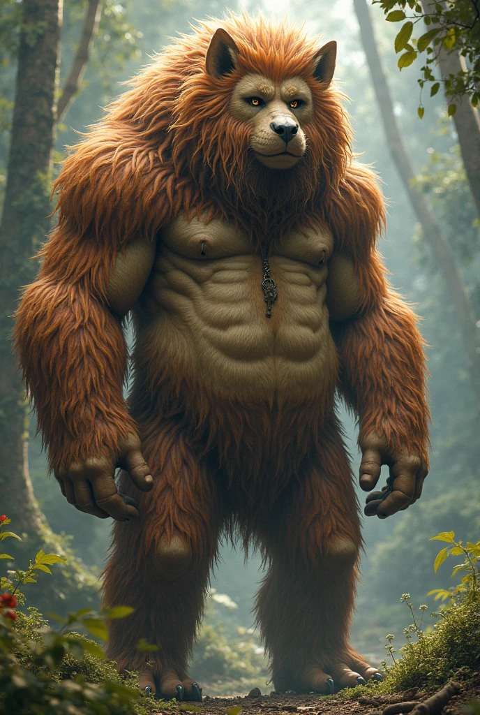 ultra-detailed, masterpiece, masterwork, high quality, best quality, hdr, nature, forest, nsfw, (solo), male, dragon, chibi, (red little body minotaur), (nude), (chubby body), (long golden hair), (yellow eyes), standing, front view, dynamic angle, (bulge white loincloth, covered foreskin)