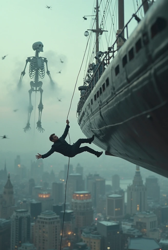 epic movie still, close-up view on cinematic boat cam, the boat is a futuristic ship which is flying tilted on the sky of london, the london skyline is visible in the distance, the london skyline is seen at a dutch angle, the london skyline is tilted diagonally, there's a man dramatically hanging off the side of the ship by his grip on a rope, his feet are planted on the lower side of its hull, he has one hand holding a rope that comes from the the side of the futuristic ship, his other arm is splayed out wide dramatically, there's a towering gigantic truly titanical skeleton in the distance over the skyline reaching forward to grab the ship, there's skeletons of the same size and smaller walking on the streets of london and also flying towards him destroying the city, there's a lot of dark mist and smoke partially obscuring the buildings, the diagonall-tilted skyline and the skeletons and their destructive actions