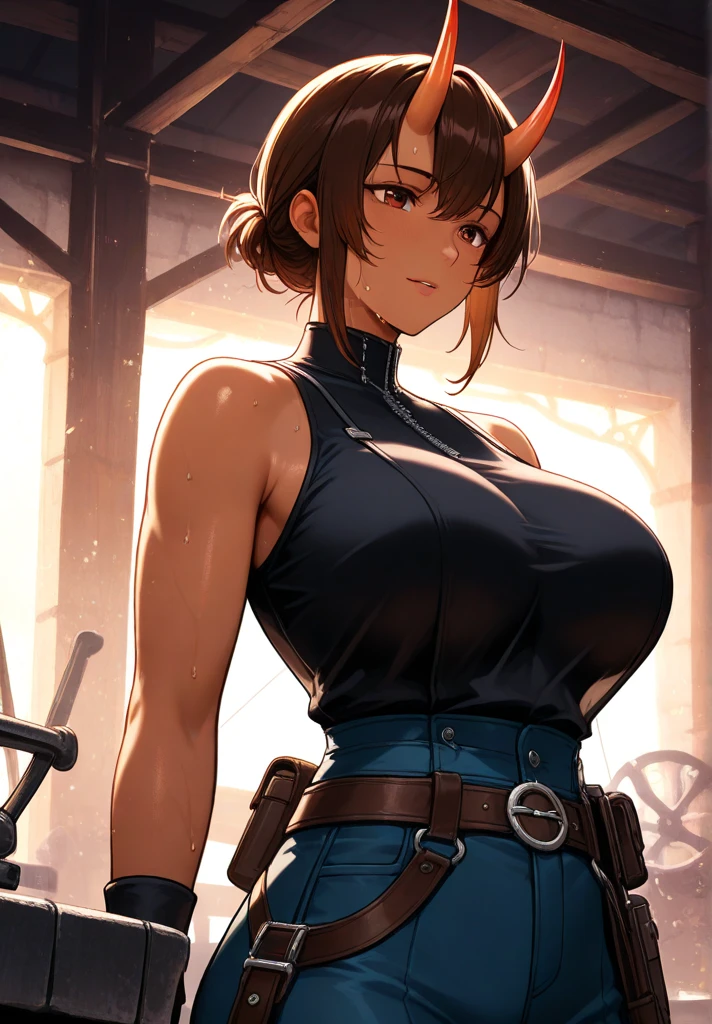 masterpiece、highest quality、detailed face、Bokeh、very detailed、(CineColor:1.3)、(Realistic:1.3)、(Energetic:1.3)、Pokémon、Haruka、combat readiness、combat readiness、combat readiness、muscular big breasted mature woman、muscular big breasted mature woman、muscular big breasted mature woman、whole body、brown hair、May、shirt、bike shorts、bandana、赤いshirt、hair band、medium hair、gloves、shorts、リボンhair band、No sleeve、赤いbandana、serious expression、Are standing、Urban background、evening、seen from the front