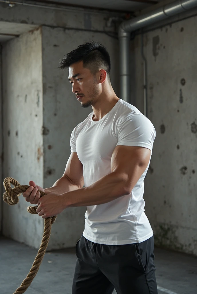 American Young white man of texas, 17 years old, military haircut, dark hair, intense blue eyes, intense gaze, affiliated features, no facial hair, cuello grueso height 1.93, weight 90 kg, muscular and athletic build, broad shoulders, V-shaped body, martial arts tattoos on right arm, Karate black belt, full body focus, completely hairless,