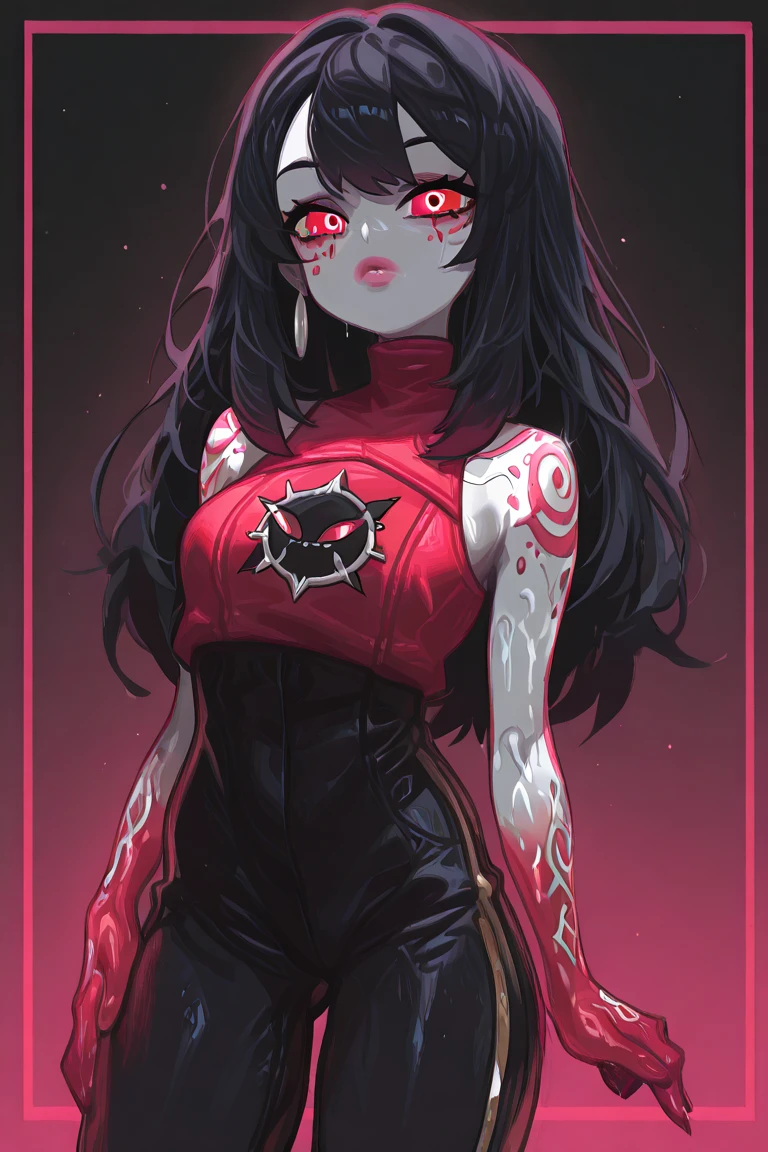 shampoo, fitness, muscular woman, sexy, beautiful, , red glowing eyes, gesugao, portrait, close up, greyscale, black and white, bun head double tail