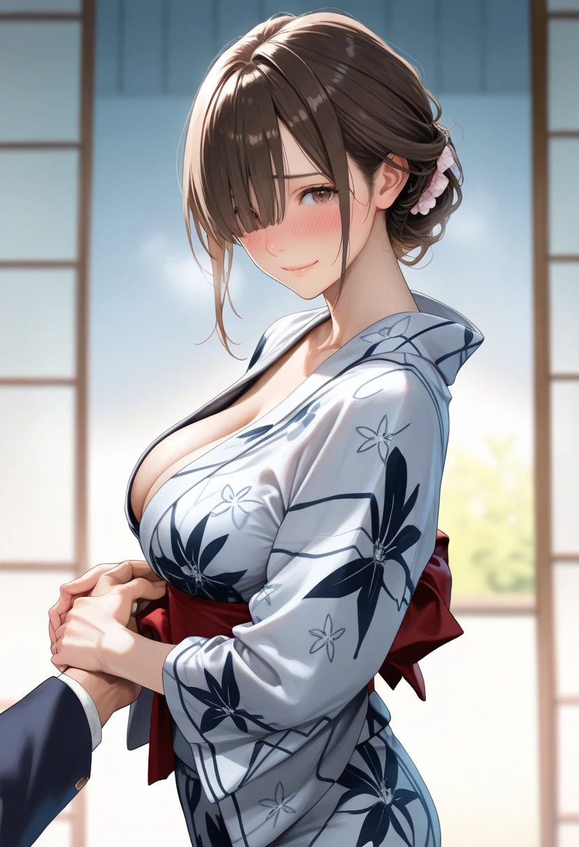 1woman, (masterpice:1.5), best quality, highres, high-detailed, high quality, (solo), 4k, cg, pixiv, dynamic light,  intense shadows, (perfect face and eyes), nice face, intricate_details, perfect body, high detailed image, high detailed woman, medium breasts, yukata, colors, summer festival, smile, closed eyes, open mouth, happy, japanese clothes, <lora:more_details:0.5>, <lora:GoodHands-vanilla:1>