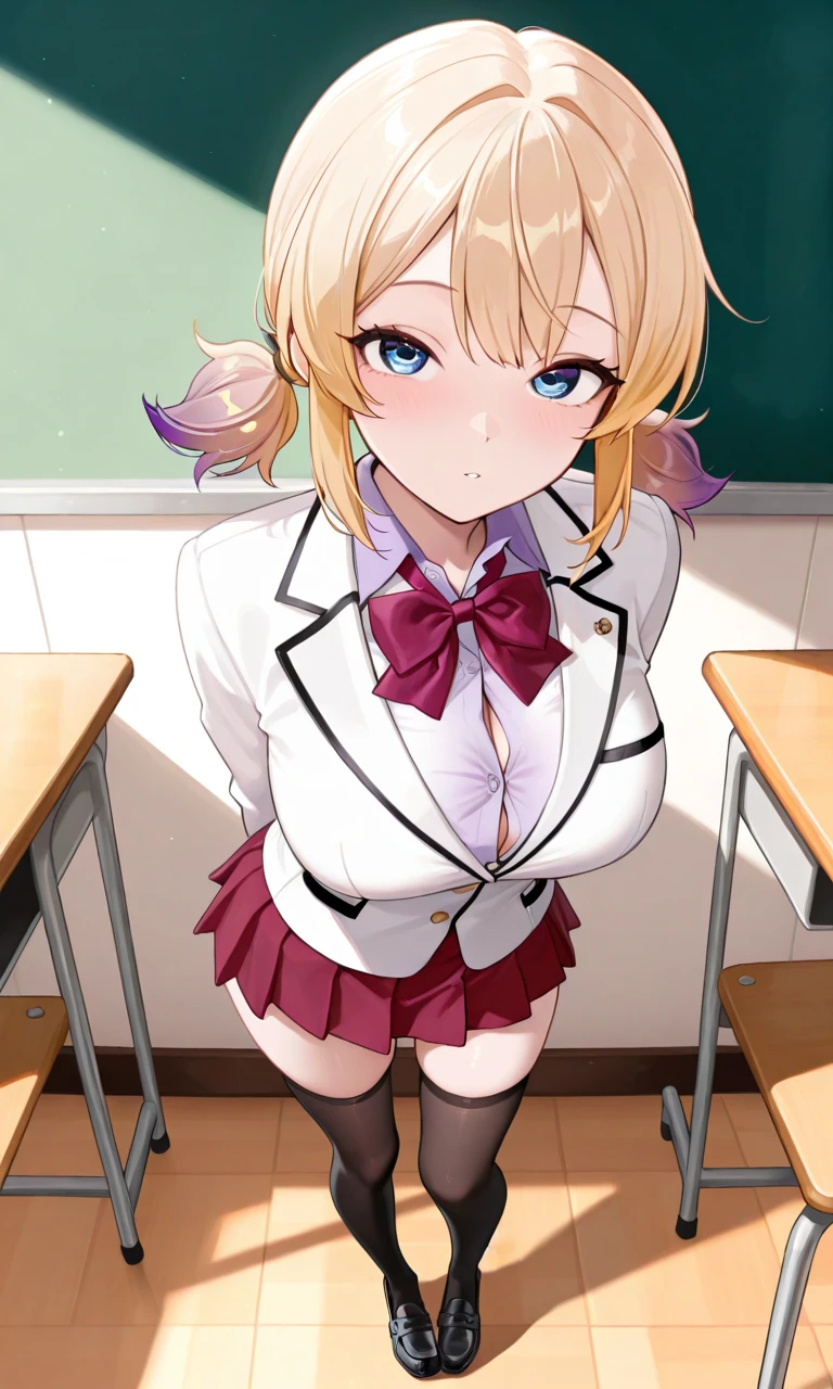 1 girl, underwear, skirt, alone, underwear, Chest, classroom, shirt, bow, lexistg_hair, white_, skirt_lift, existindoor, Smile, Open_clothing, bowtie, navel, watch_exist_audience, clothing_lift, white_shirt, table, School_, blush, School_table, Bangs, yellow_hair, pleexisted_skirt, blackboard, No_OK, disseminate_leg, Brown_Eye, Jacket, Red_bow, Open_shirt, lifted_go through_Mine, closure_Mouth, Red_bowtie, collaRed_shirt, lexistg_sleeve, side lock, Comfortable_Chest, Dutch_angle, skirt_shirt, sitting, leave_Shoulder, big leg, Open_Jacket, Stomach, exist_table, suit, flashing, chair, Black_skirt, 