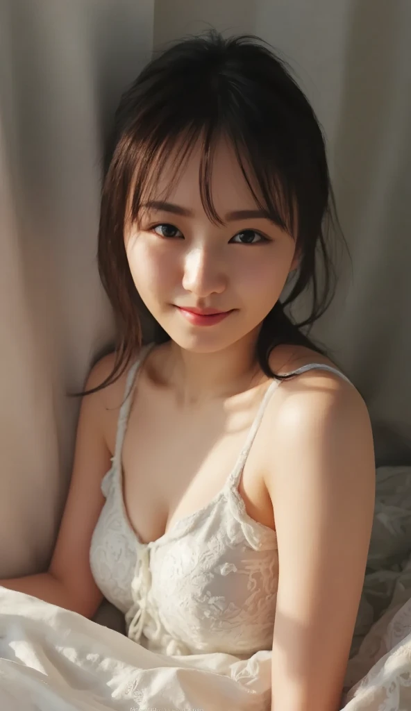 Lie down、Baby Faced Girl、Shot from directly above、innocent smiles、White shirt、Ha is just、鎖骨、Shortcut Hair、rosy cheeks、innocent smiles、sexy pose