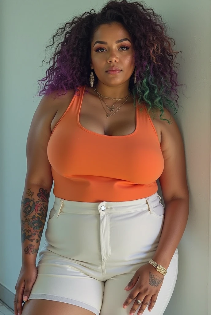Beautiful mature ebony college girl, long curly hair, delicate big cheeks, (hazel eyes), red with rainbow details swimsuit