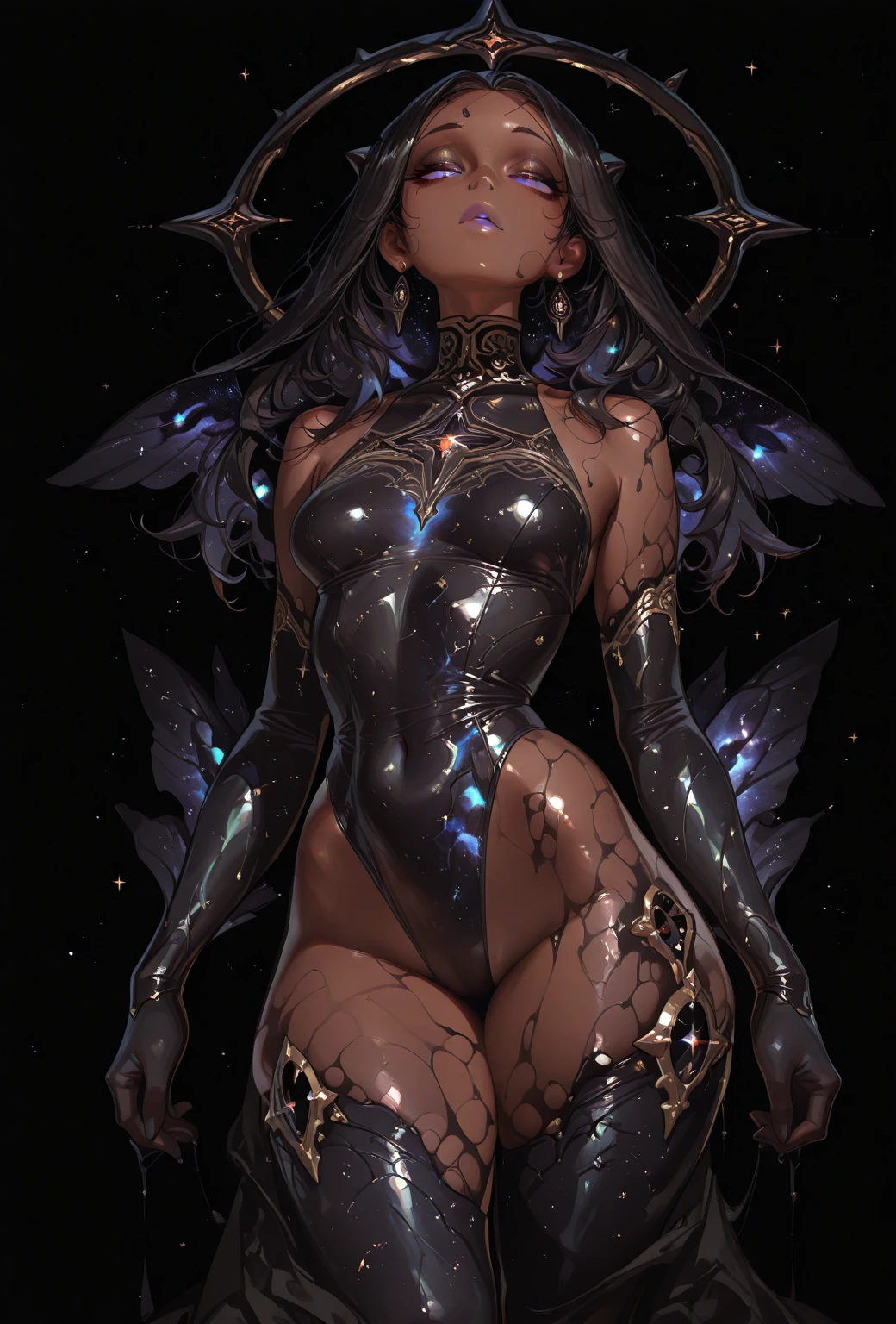 (masterpiece, sidelighting, finely detailed beautiful eyes: 1.2), (upper body) (masterpiece*portrait), realistic, 3d face, lusious skin, ((solo)), perfect face, (close-up of face), head and neck length 2 to 1, (high detail skin, visible pores)), slender body , beautiful cyberpunk girl, small breasts, cyberpunk jumpsuit, thigh root
