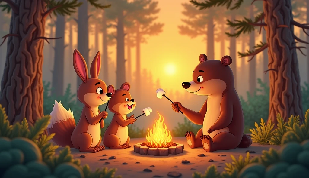 A dog, a monkey, a cat, a bear are making camp fire and drinks coffee and adviced each other.