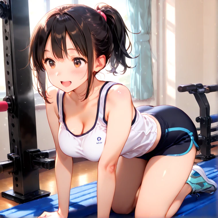 score_9,score_8_up,score_7_up,masterpiece,best quality, source anime, realistic, super detailed, extreme detailed, rating_safe,
1girl, sitting on exercise ball,
BREAK girl, 22yo, short hair, bob cut, (blunt bangs), black hair, (tareme, detailed cute brown eyes), curled eyelashes, (large breasts:0.9),
shiny hair, beautiful detailed eyes, beautiful face,
gymnastics wear, buruma, sweat, smile, school gym