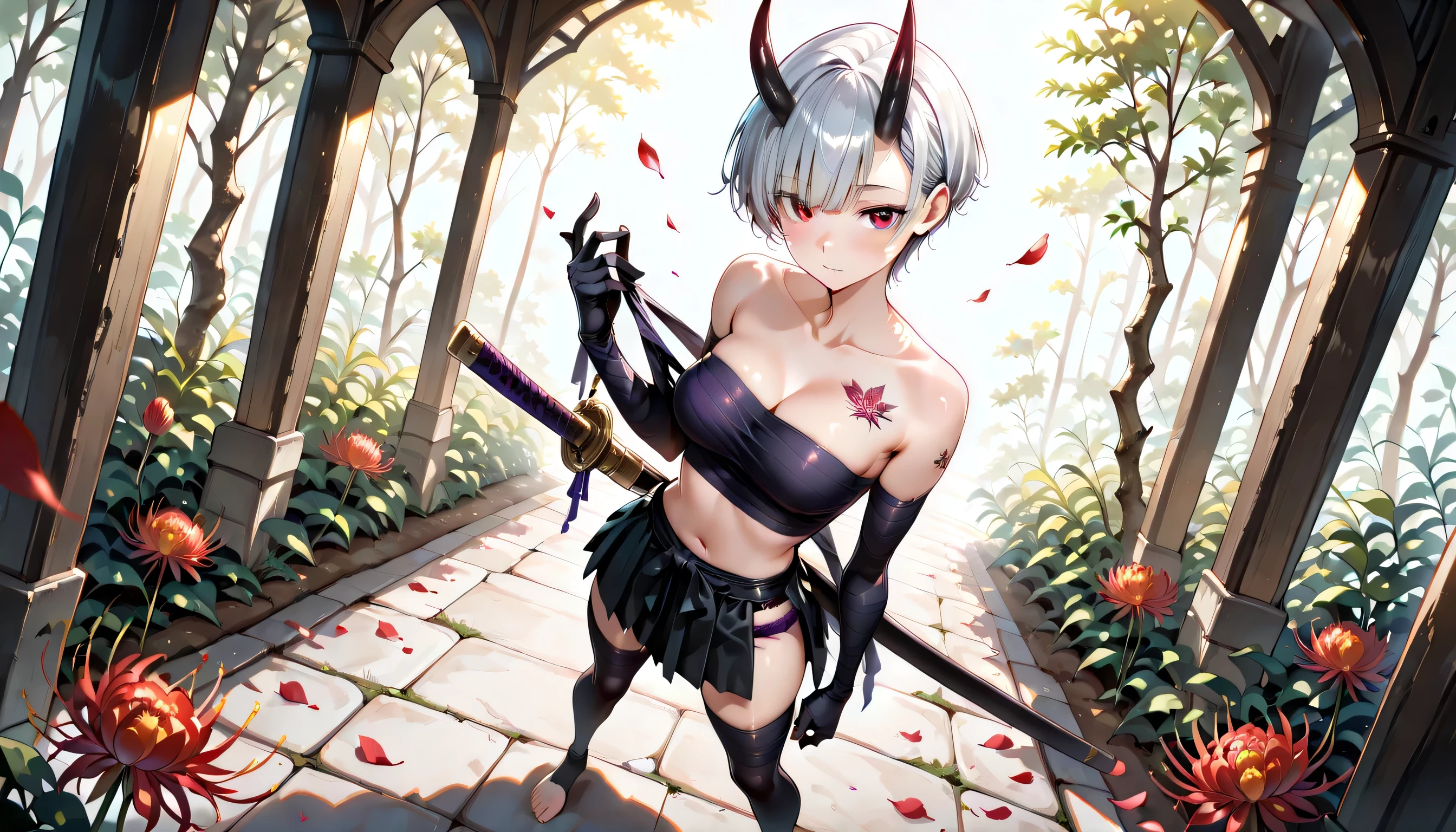 ((masterpiece, best quality, ultra detailed, high resolution, beautiful detailed face, beautiful detailed eyes, perfect hands, 4K)), (1 woman, solo), oni, one cute horn, (medium breasts), (girl with short pixie cut, straight bangs, soft layers, neat around ears and nape, silver platinum hair), (white color clothes:1.2,wearing a black cropped battle top, black chest sarashi, midriff, black Hakama style mini skirt),  black bandaged_arm, black bandaged_leg, barefoot, purple lace panties, standing , Hold a katana in one hand and a sheath in the other, legs apart, looking at viewer:1.3,eye-level and over-the-shoulder shots, high angle, A young woman is drawn in a 3/4 view, facing slightly to the right. Her left eye is fully visible, while the right one is partially hidden due to the angle of her head. Her nose bridges slightly out from the center, and the mouth follows the curve of the jawline, subtly indicating the perspective. a dark mysterious swamp filled with white spider lilies, ethereal mist floating above black water, glowing red petals, melancholic atmosphere, cinematic lighting, fantasy landscape, detailed environment, ornamental black lotus tattoo on mid chest,