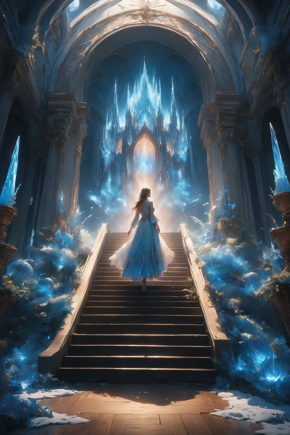(masterpiece,best quality),fairy tale white icy spires and domes, that framed by flowing,glowing hues of blue creating an ethereal, dream-like atmosphere,trees covered in soft frost,a woman figure stands on the steps at the base of its grand entrance, she is gazing towards the radiant center,the scene with deep,rich colors and meticulous attention to detail,negative space,minimalism,8k,HDR,
