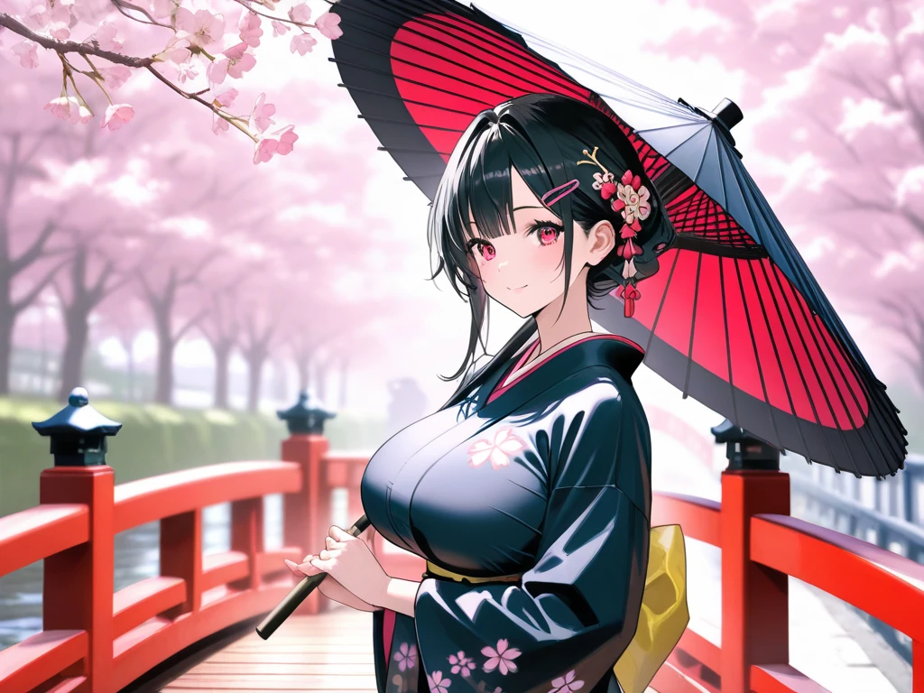 a woman with geisha style, big breast, holding a red umbrella, in a Japanese garden