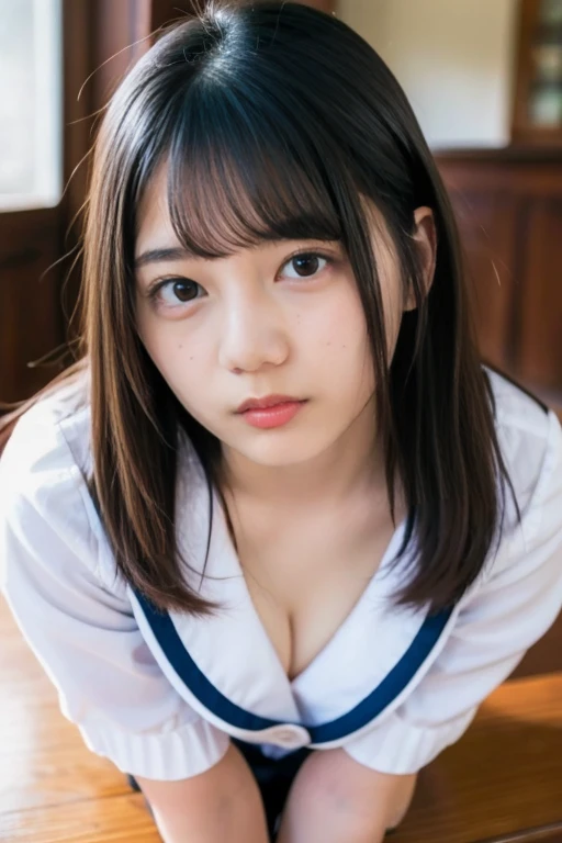 table top, highest quality, 16k, 1 girl, 16, big breasts, Raw photo, professional photography, portrait, late night office、sitting in front of the computer、soft light, professional lighting, alone, 笑face, close, face, close, cute, girly, goddess, delicate girl, pure beauty, Digital single-lens reflex camera, avert your eyes, Frank, Sophisticated, film grain, (目とfaceの詳細:1.0), long hair swaying in the wind, bangs, (Tight beige cut-and-sew top)、(navy pleated skirt)、(big breasts:1.5)、cleavage、cute hanging eyes、