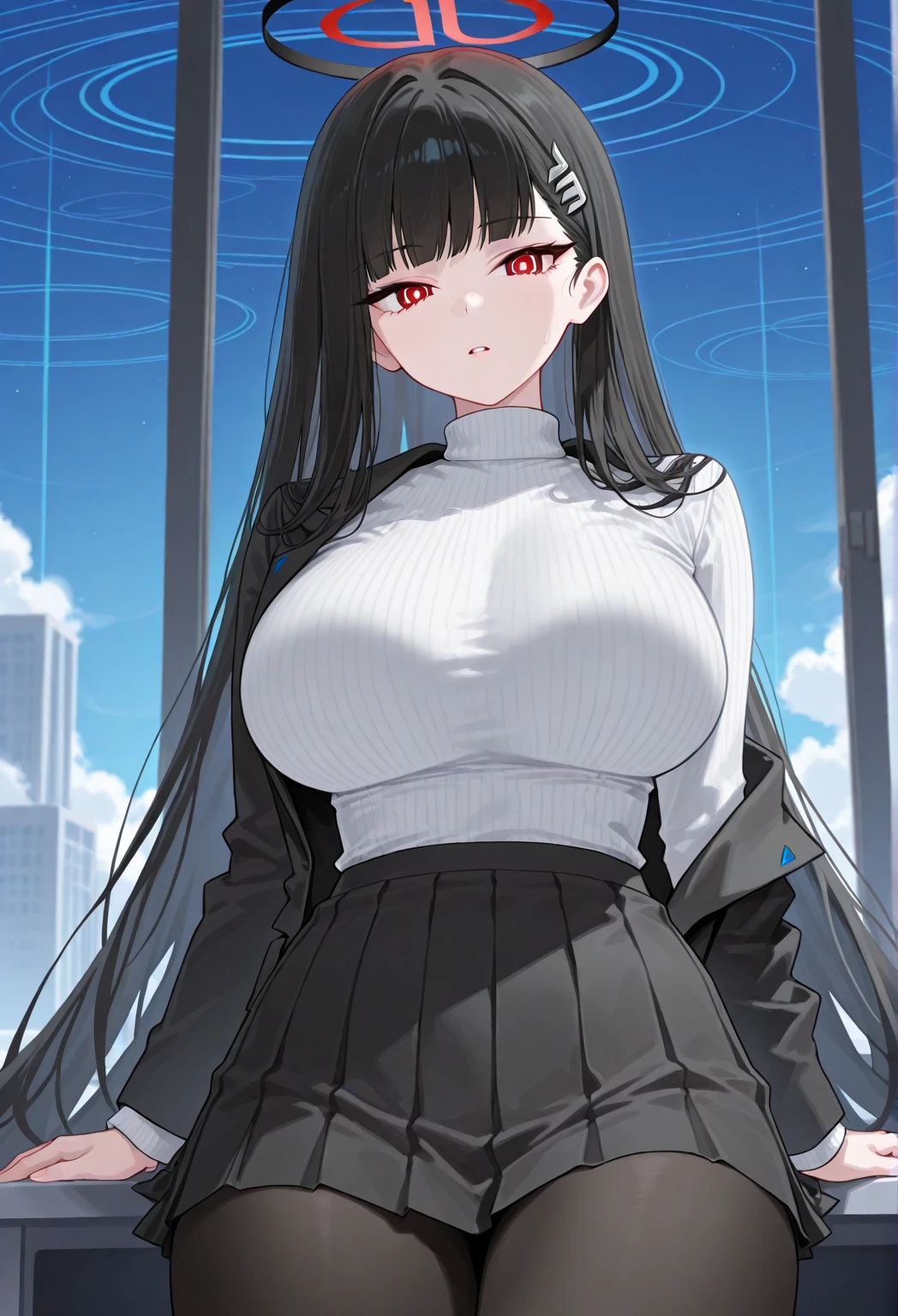 masterpiece,anime style,chibi,sexy girl,black hair,shoulder length hair with two pigtails,police officer outfit,smiling,big breasts,waiting on the right side of the image,showing cleavage,full body,standing,alone,pointing at someone,