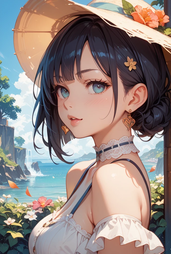 masterpiece, best quality, Super detailed, illustration,, Hanekawa short hair cat, 1 girl, whole body, , black eyes, colorful hair, black hair, white hair,, swimsuit,, Detailed background, Marxist style, beach, Sunset,