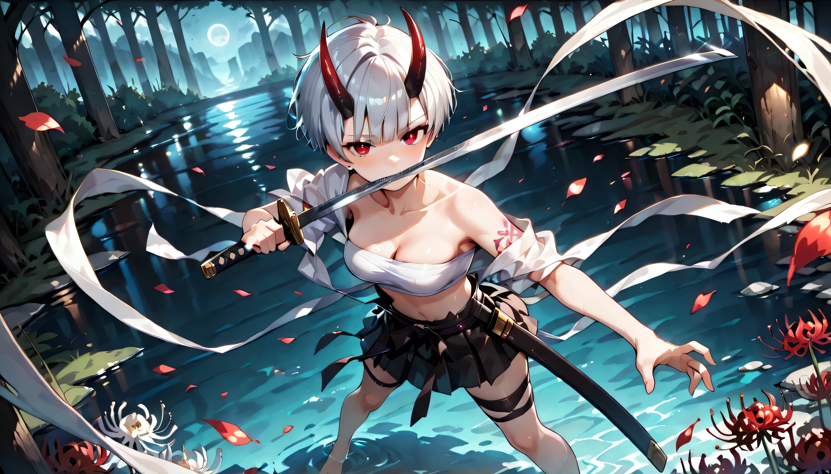 ((masterpiece, best quality, ultra detailed, high resolution, beautiful detailed face, beautiful detailed eyes, perfect hands, 4K)), (1 woman, solo), oni, one cute horn, (medium breasts), (girl with short pixie cut, straight bangs, soft layers, neat around ears and nape, silver platinum hair), (white color clothes:1.2,wearing a red cropped battle top, red chest sarashi, midriff, black Hakama style mini skirt), black bandaged_arm, black bandaged_leg, barefoot, purple lace panties, standing , Hold a katana in one hand and a sheath in the other, legs apart, looking at viewer:1.3,eye-level and over-the-shoulder shots, high angle, A young woman is drawn in a 3/4 view, facing slightly to the right. Her left eye is fully visible, while the right one is partially hidden due to the angle of her head. Her nose bridges slightly out from the center, and the mouth follows the curve of the jawline, subtly indicating the perspective. a dark mysterious swamp filled with white spider lilies, ethereal mist floating above black water, glowing red petals, melancholic atmosphere, cinematic lighting, fantasy landscape, detailed environment, ornamental black lotus tattoo on mid chest,