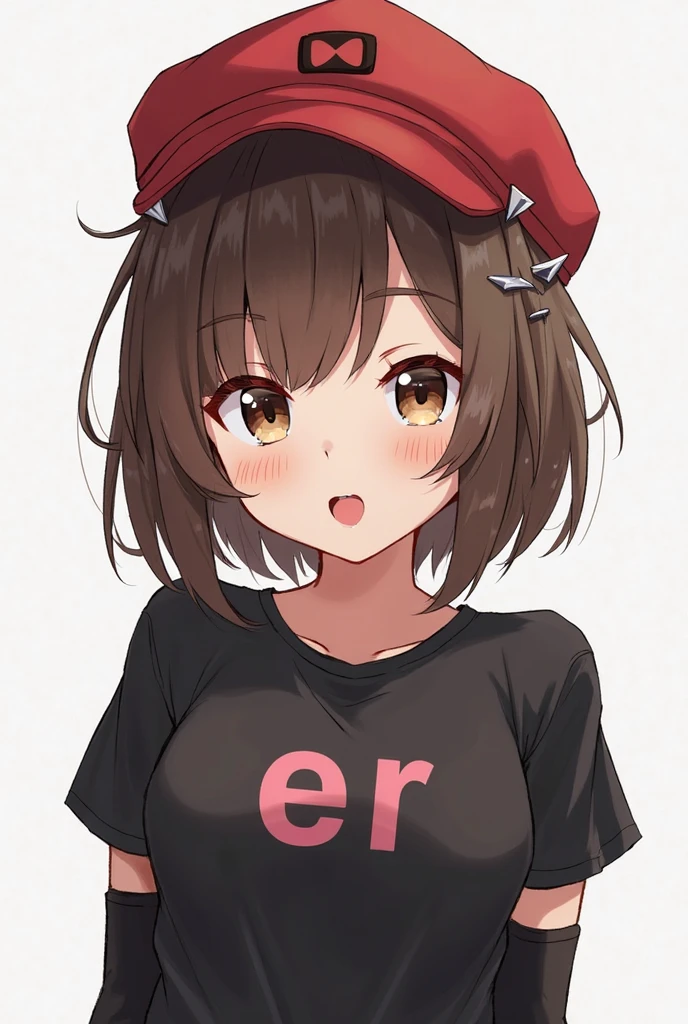 1girl, solo, medium breasts, happy, smile, (dark skin: 1.05), black hair, short hair, pixie cut, wavy hair, amber eyes, smile, open mouth, happy, (t-shirt, red shirt, camisole, jeans), looking at viewer, standing, ((arms behind back)), upper body, close-up, white background, simple bg, cg society, ultra detailed, masterpiece, best quality, 8k,
