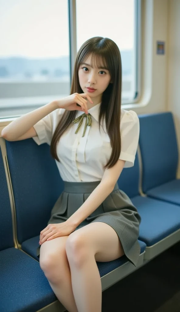 Highest quality, masterpiece, Ultra-high resolution, (reality: 1.4), Original photo, One Girl, mature, Torn white JK uniform, Smile, Long Hair, Very large breasts bigger than a face , Plump body, Button gap:1.35, sit in a train seat, Leg spread:1.5, Cinema Lighting, Horizontal sheet, View from the train window
