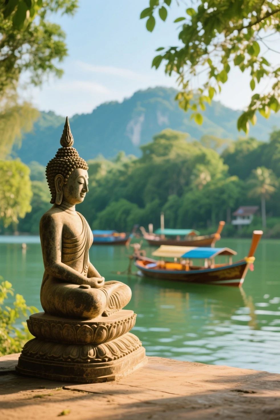 /img realistic human and animal In Krabi Thailand realistic photo graph by DSLR camera A Thailand Thai old monk dark brow rope meditates on the white lotus flower floating in under of him, and behind it is an Thailand style Naga Thai art style snake god that emerges from water with mountains in its background. The sky is setting suns. Hyper-realistic photography, cinematic effect.