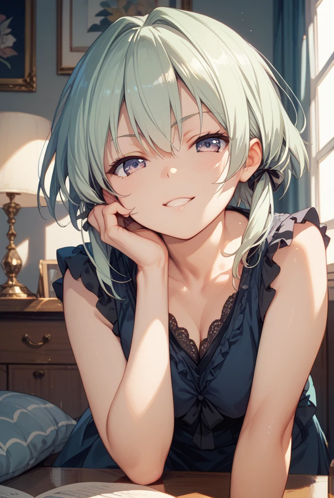akanekurokawa, akane kurokawa, bangs, (Green Eyes:1.3), Blue Hair, Long Hair, dark Blue Hair,Black Tank Top,String Underwear,barefoot,Sitting on the bed,Sleepy eyes,smile,blush,morning,morning陽,The sun is rising,So that the whole body goes into the illustration,
break indoors, Bedroom,
break looking at viewer, (Cowboy Shot:1.5),
break (masterpiece:1.2), Highest quality, High resolution, unity 8k wallpaper, (figure:0.8), (Beautiful attention to detail:1.6), Highly detailed face, Perfect lighting, Highly detailed CG, (Perfect hands, Perfect Anatomy),