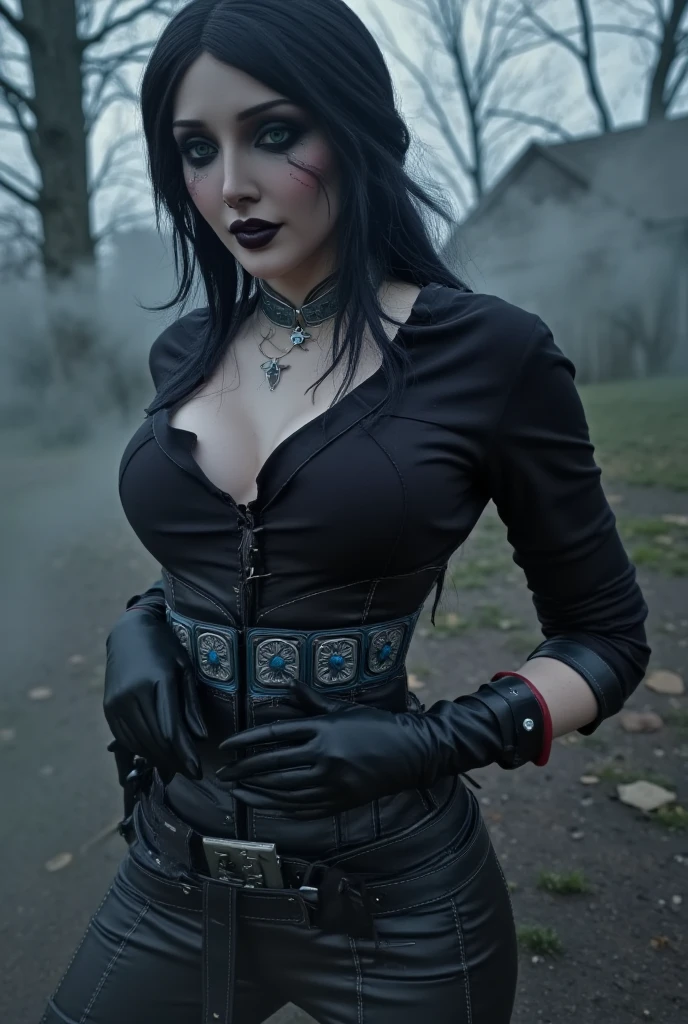 Femme gothique corbeau noir maquillage tatouage debout complete