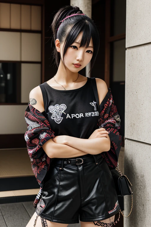 👭, 2japanese girl, pale_skin, random color hair, black cosmetics, punk rock girl, oversized orange shirt, bottomless, random basic pose, against random epic background