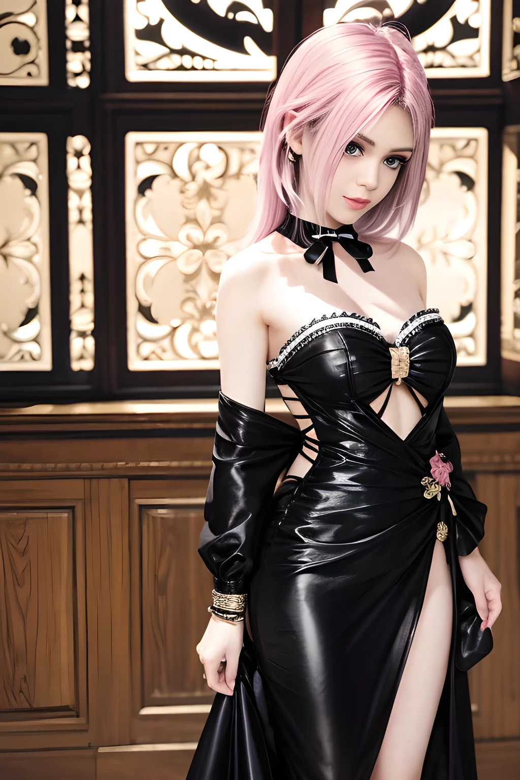 (best quality)), ((Masterpiece)), (details:1.4), 3d, HDR (high dynamic range), an image of a beautiful cyberpunk female, fantasy, medieval, cyberpunk, pink hair, High ponytail, hips up, Beautiful White eyes, จมูกโด่ง, ปากแดง, หน้าอกใหญ่, nvidia RTX, PBR surface, After processing, Anisotropic filtration,depth of field, Maximum clarity and clarity, multi-layered surface, Subsurface scattering, perfect proportions, 8K raw files, ultra detailed, Perfect proportions, volumetric lighting, soft lighting, Holy Paldin, Heavy Golden Armor, black dress, intricate Silver embroidery, glossy skin, Castle Background, jewely, ต่างหู, mini red skirt, blackglove,