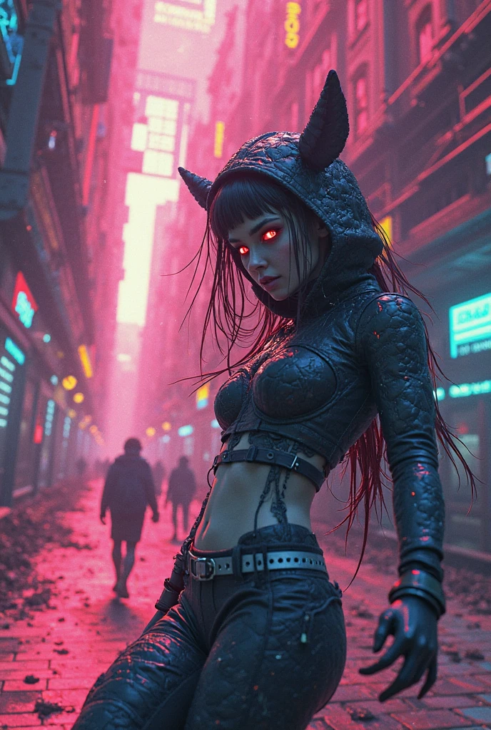 a redhead fox-girl with blue eyes, cyberpunk 2077 style, cyberpunk night city, neon light, cyberpunk 2077 concept art
