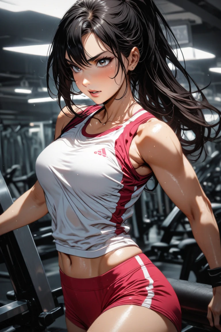 (master part, best quality: 1.2), cowboy shot, sozinho, 1girl, boa hancock, Olhando para o Viewer, jewelries, Brincos, diafragma, ((dingy gym)), ((gym clothes)),