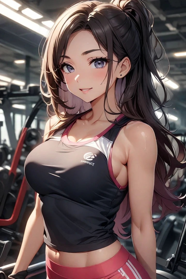 masterpiece, best quality, 8k photoshoot, cowboy shot, 18yo woman, animemomhair, brown hair, brown eyes, scrunchie, sports bra, yoga pants, single braid, smile, <lora:AnimeMomHair:0.8>
