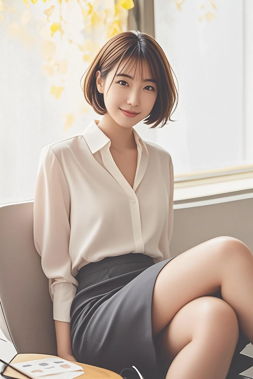 （Wearing a dress shirt and business jacket:1.8）,look at the camera with a smile、（Wearing panties）、woman, 20-year-old, Short Hair,Please expose my panties...、(Lace panties)、(Tilt your head a little)、Detailed skin、Detailed skin、Detailed Sweat